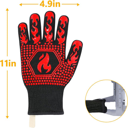 BBQ Gloves, 1472°F Heat Resistant Grilling Gloves Silicone Non-Slip Oven Mitts, Kitchen Gloves for BBQ, Grilling, Cooking, Baking(One Size Fits Most, Black)- 1 Pair