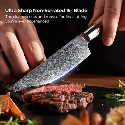 SENKEN Damascus Kitchen Knife Set - Dynasty Collection - 67-Layer Japanese VG10 Steel with Sycamore Wood Handles, Chef's Knife, Cleaver, Bread, Santoku, Boning, & More