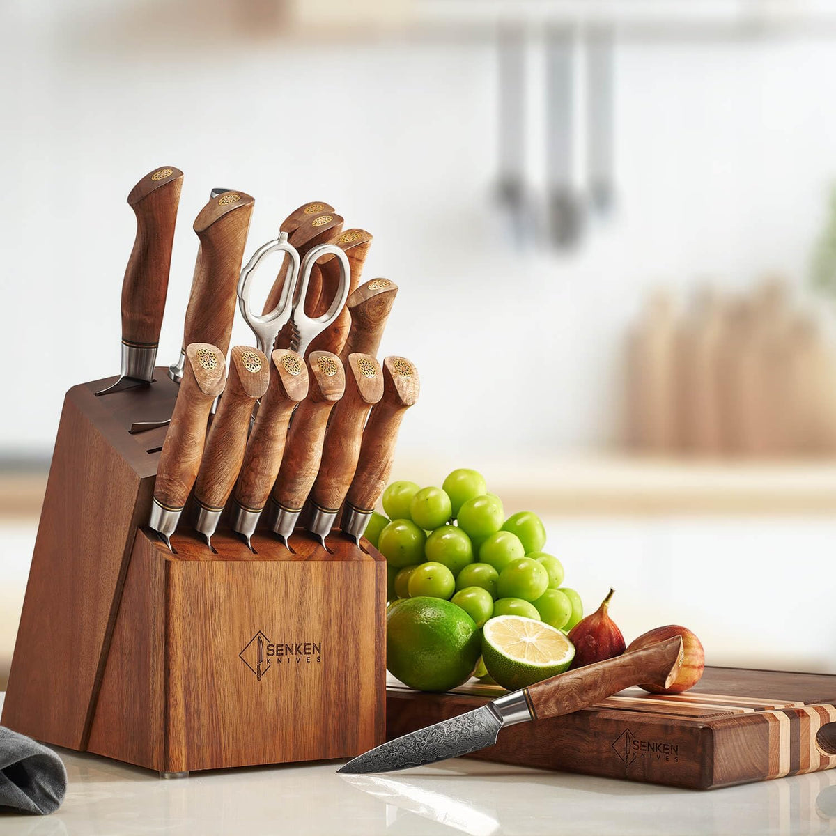 SENKEN Damascus Kitchen Knife Set - Dynasty Collection - 67-Layer Japanese VG10 Steel with Sycamore Wood Handles, Chef's Knife, Cleaver, Bread, Santoku, Boning, & More