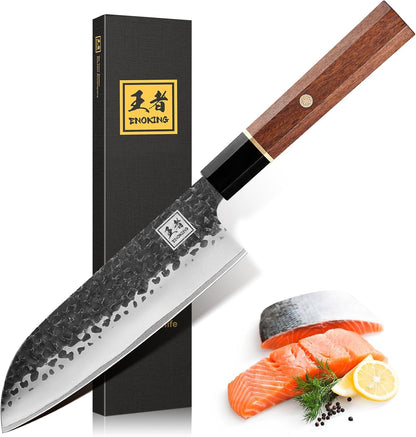 Japanese Santoku Knife 7 Inch, High Carbon Steel Hand Forged Japanese Knife, 5 Layers 9CR18MOV Kitchen Chef Knife, Chopping Knife with Octagonal Rosewood Handle