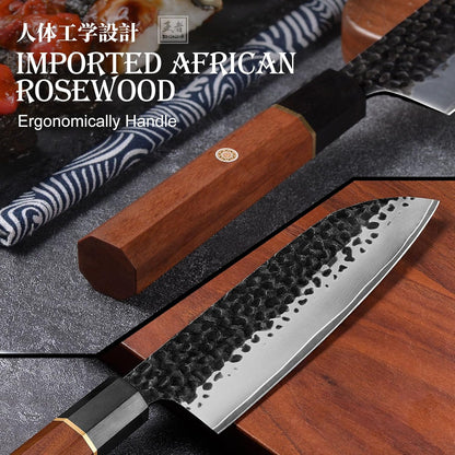 Japanese Santoku Knife 7 Inch, High Carbon Steel Hand Forged Japanese Knife, 5 Layers 9CR18MOV Kitchen Chef Knife, Chopping Knife with Octagonal Rosewood Handle