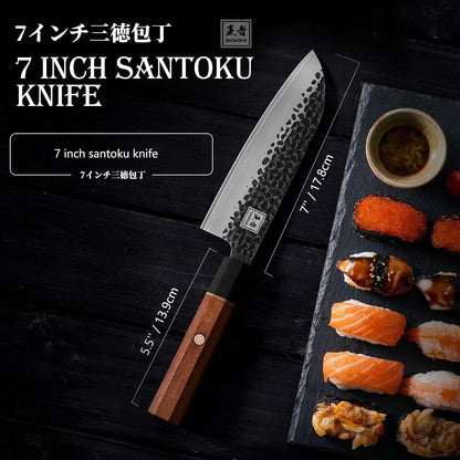 Japanese Santoku Knife 7 Inch, High Carbon Steel Hand Forged Japanese Knife, 5 Layers 9CR18MOV Kitchen Chef Knife, Chopping Knife with Octagonal Rosewood Handle