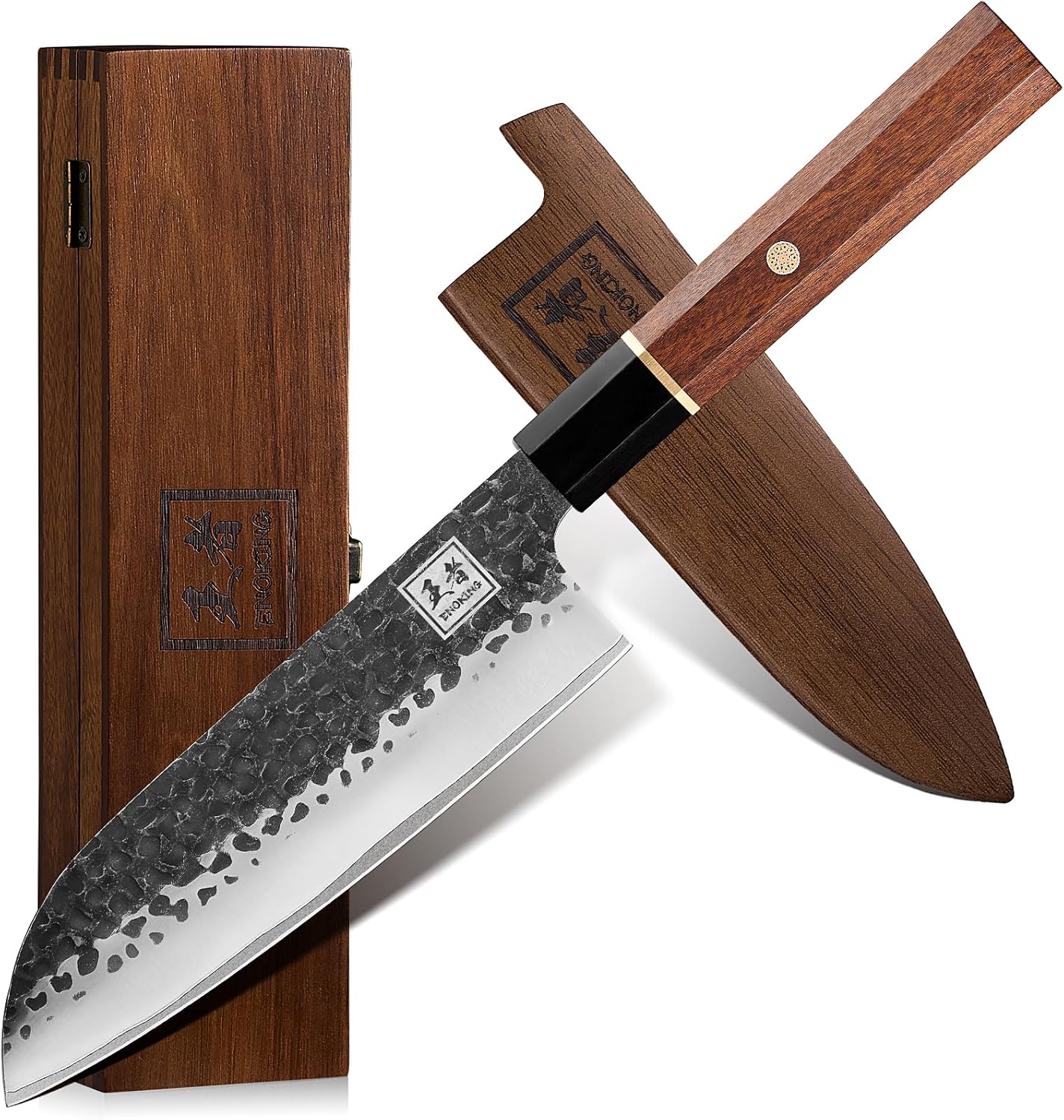 Japanese Santoku Knife 7 Inch, High Carbon Steel Hand Forged Japanese Knife, 5 Layers 9CR18MOV Kitchen Chef Knife, Chopping Knife with Octagonal Rosewood Handle