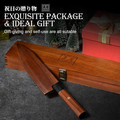 Japanese Santoku Knife 7 Inch, High Carbon Steel Hand Forged Japanese Knife, 5 Layers 9CR18MOV Kitchen Chef Knife, Chopping Knife with Octagonal Rosewood Handle