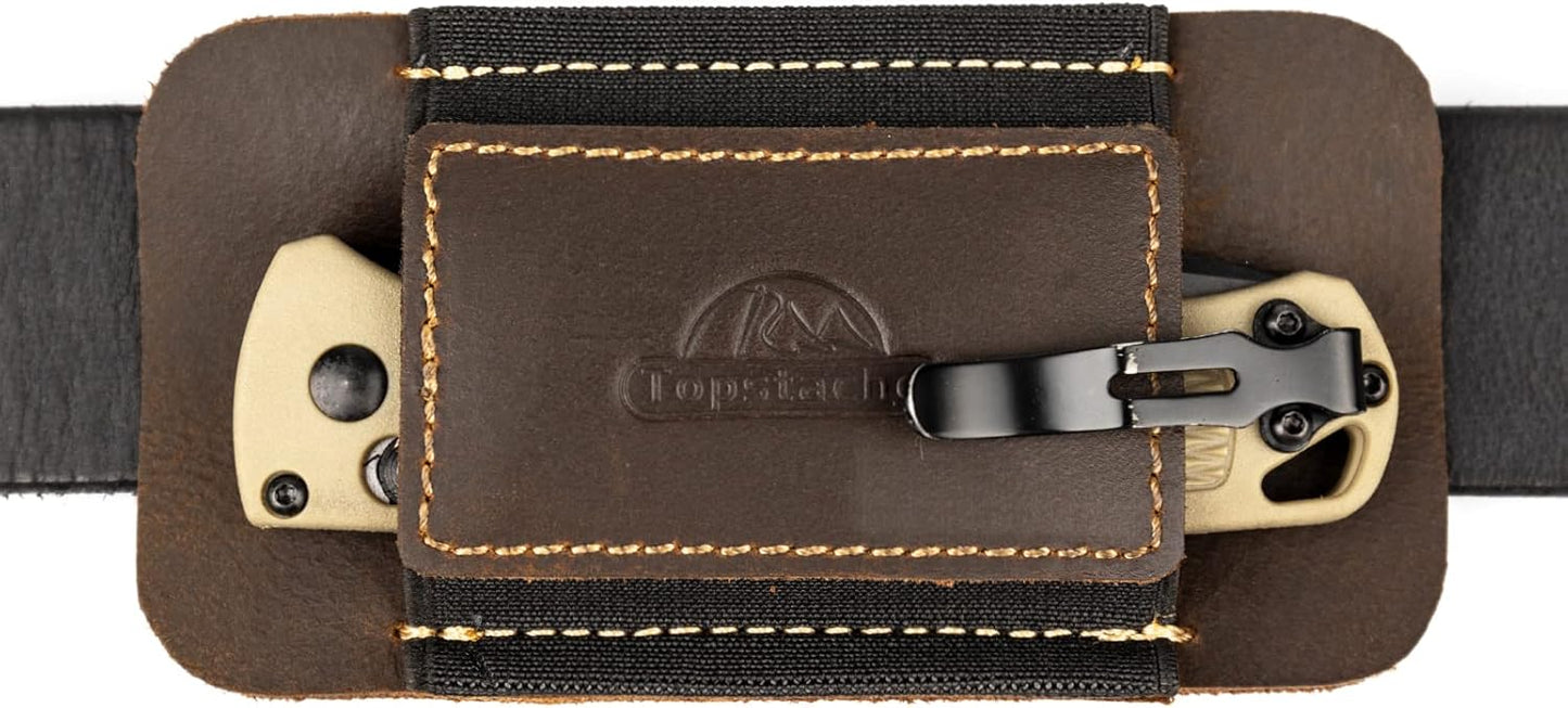 Horizontal Carry Leather Sheath for Belt, Natural Leather with Elastic Band EDC Knife Holster, Everyday Carry Pocket Organizer,Darkbrown