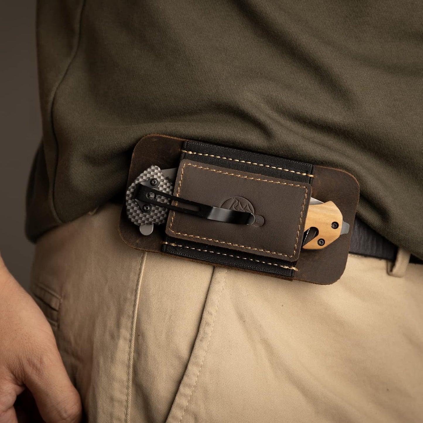 Horizontal Carry Leather Sheath for Belt, Natural Leather with Elastic Band EDC Knife Holster, Everyday Carry Pocket Organizer,Darkbrown