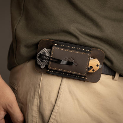Horizontal Carry Leather Sheath for Belt, Natural Leather with Elastic Band EDC Knife Holster, Everyday Carry Pocket Organizer,Darkbrown