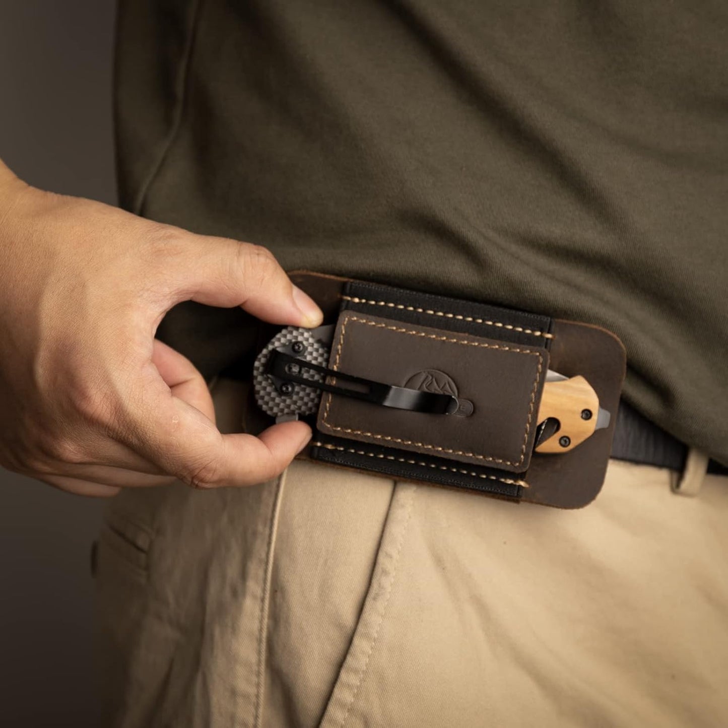 Horizontal Carry Leather Sheath for Belt, Natural Leather with Elastic Band EDC Knife Holster, Everyday Carry Pocket Organizer,Darkbrown
