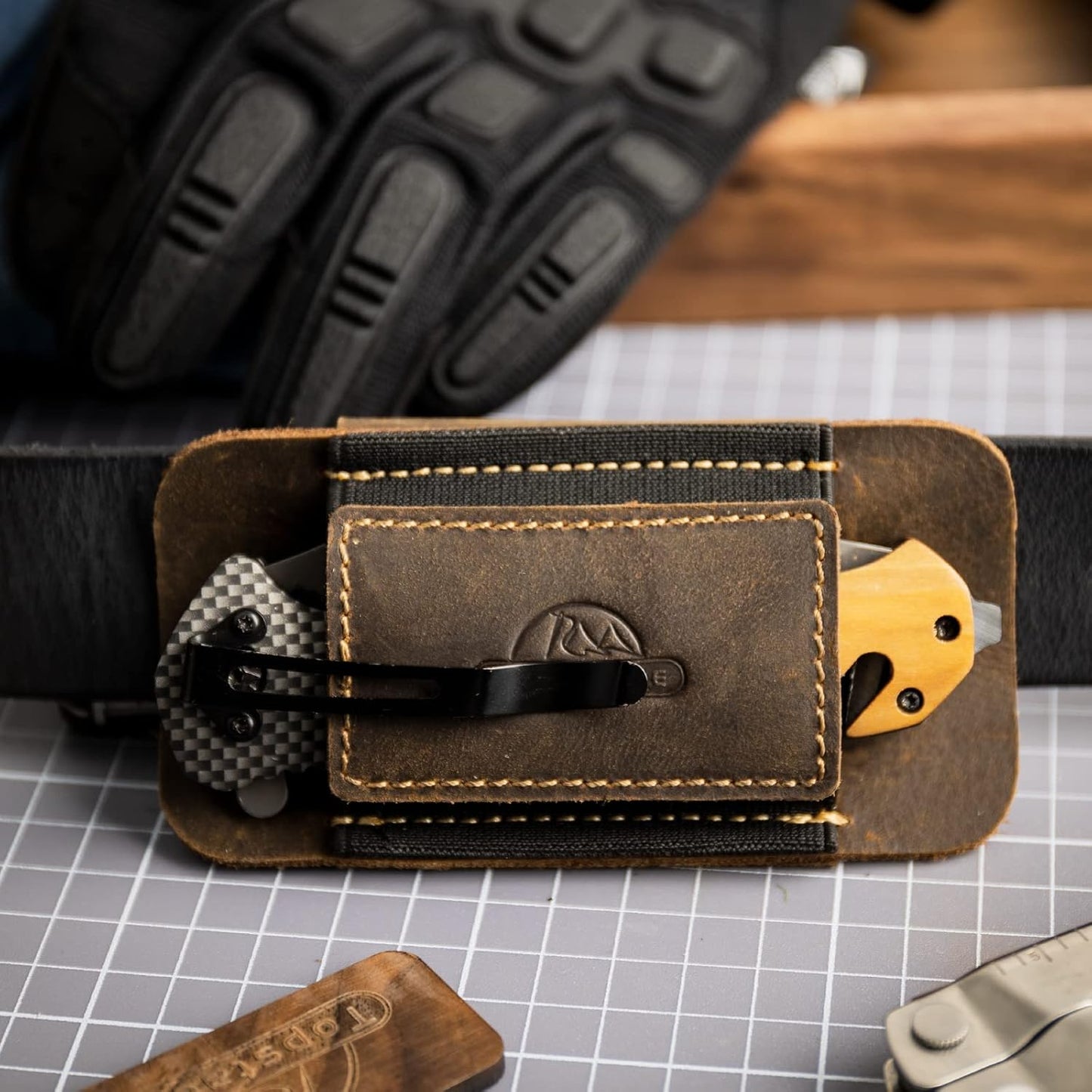 Horizontal Carry Leather Sheath for Belt, Natural Leather with Elastic Band EDC Knife Holster, Everyday Carry Pocket Organizer,Darkbrown