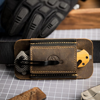 Horizontal Carry Leather Sheath for Belt, Natural Leather with Elastic Band EDC Knife Holster, Everyday Carry Pocket Organizer,Darkbrown