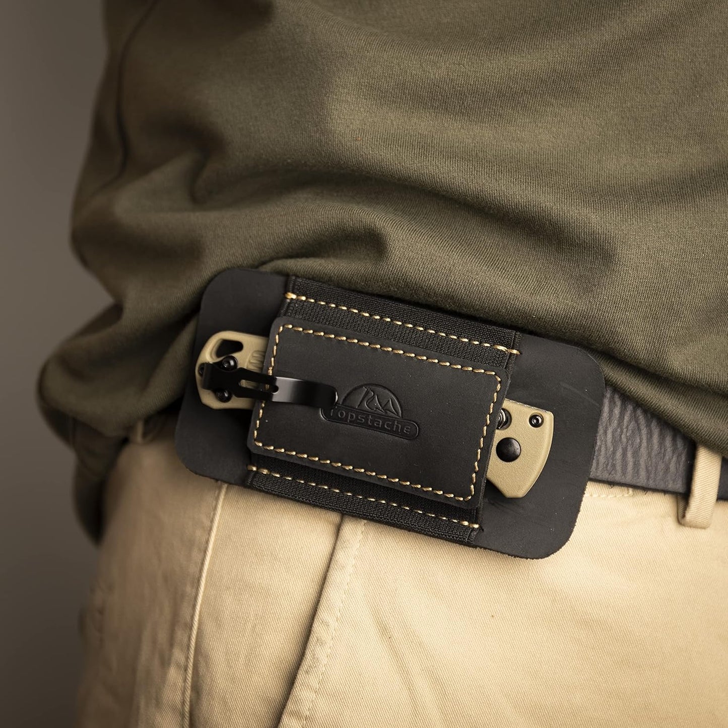 Horizontal Carry Leather Sheath for Belt, Natural Leather with Elastic Band EDC Knife Holster, Everyday Carry Pocket Organizer,Darkbrown