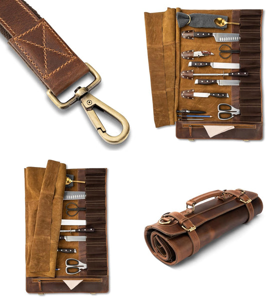 premium leather knife roll storage bag XXL - 14 pockets, buffalo leather with shoulder strap, chef's knife bag case Rene (Walnut-Brown)