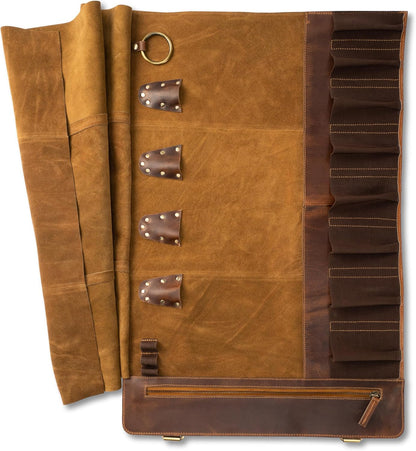 premium leather knife roll storage bag XXL - 14 pockets, buffalo leather with shoulder strap, chef's knife bag case Rene (Walnut-Brown)