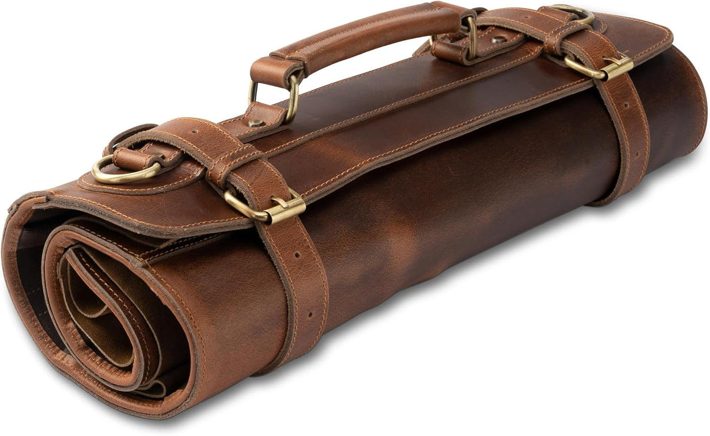 premium leather knife roll storage bag XXL - 14 pockets, buffalo leather with shoulder strap, chef's knife bag case Rene (Walnut-Brown)