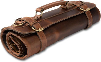 premium leather knife roll storage bag XXL - 14 pockets, buffalo leather with shoulder strap, chef's knife bag case Rene (Walnut-Brown)