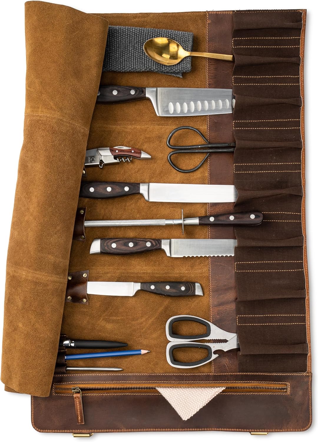 premium leather knife roll storage bag XXL - 14 pockets, buffalo leather with shoulder strap, chef's knife bag case Rene (Walnut-Brown)