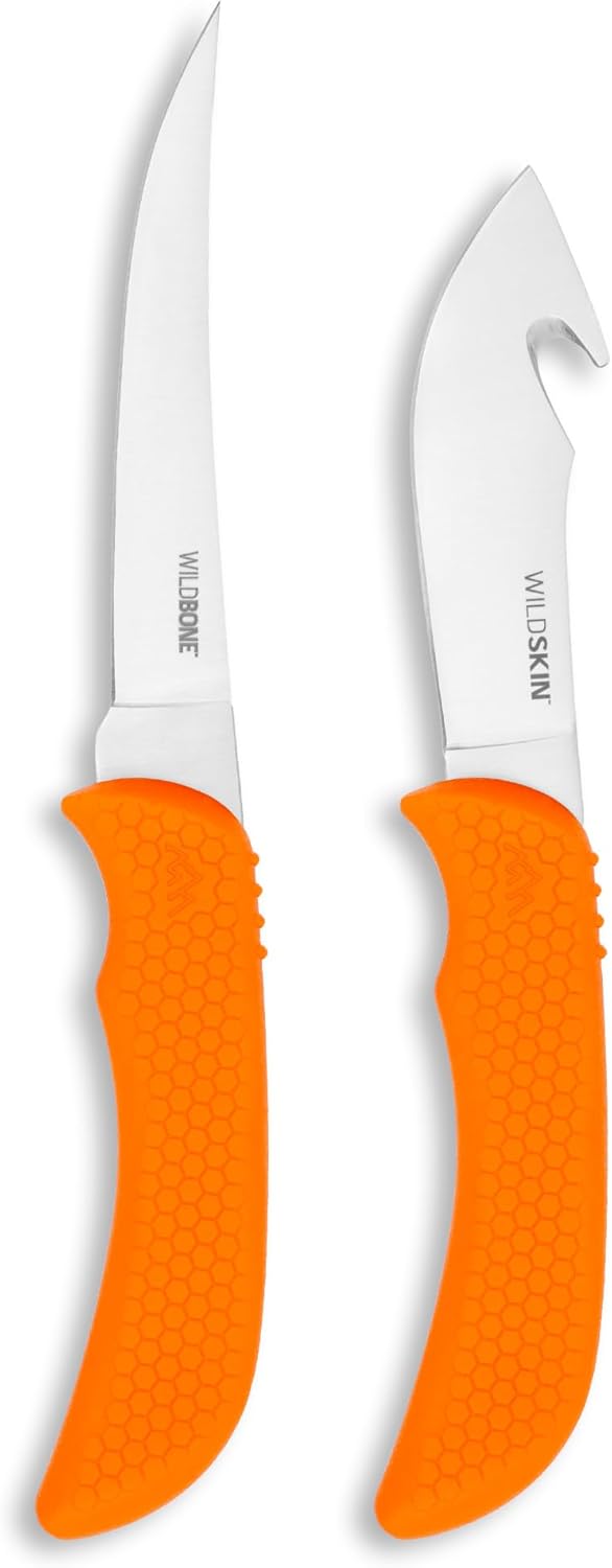 WildBone, 4-Piece Hunting Knife Set, Field Dressing & Game Processing Knives - Gut-Hook Skinning & Boning/Fillet Knife, Carbine/Ceramic Sharpener, Camo Belt Scabbard - Deer & Elk