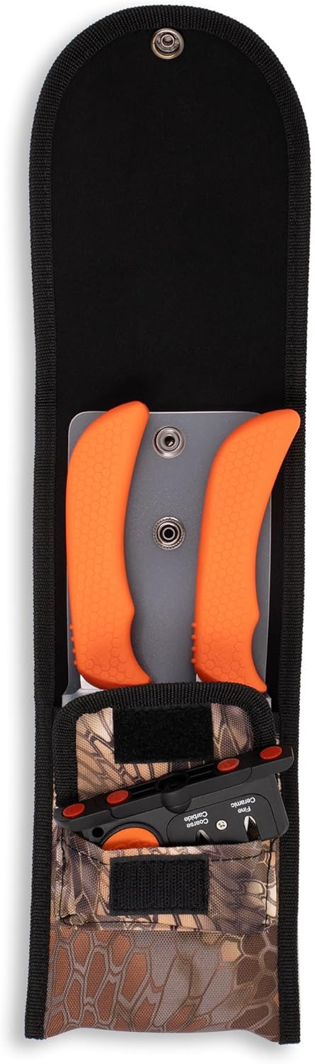 WildBone, 4-Piece Hunting Knife Set, Field Dressing & Game Processing Knives - Gut-Hook Skinning & Boning/Fillet Knife, Carbine/Ceramic Sharpener, Camo Belt Scabbard - Deer & Elk