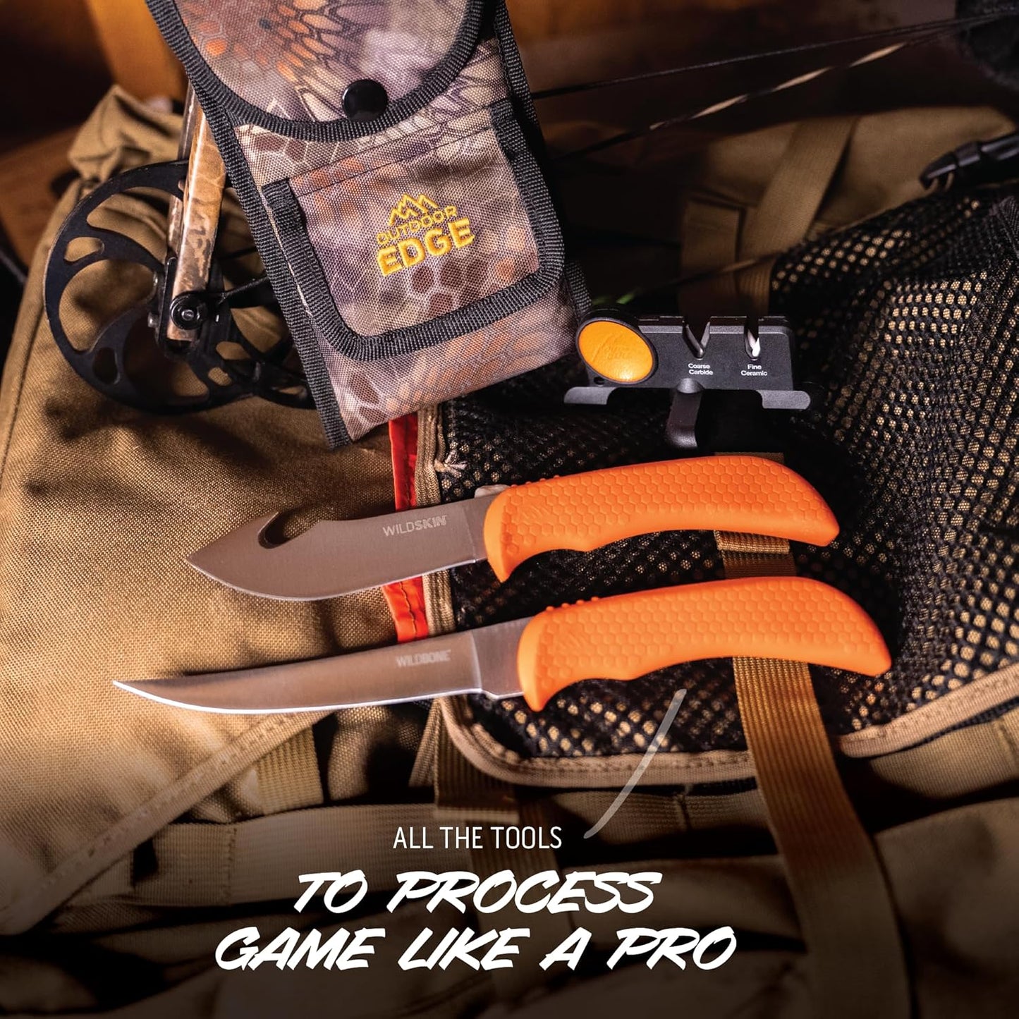 WildBone, 4-Piece Hunting Knife Set, Field Dressing & Game Processing Knives - Gut-Hook Skinning & Boning/Fillet Knife, Carbine/Ceramic Sharpener, Camo Belt Scabbard - Deer & Elk