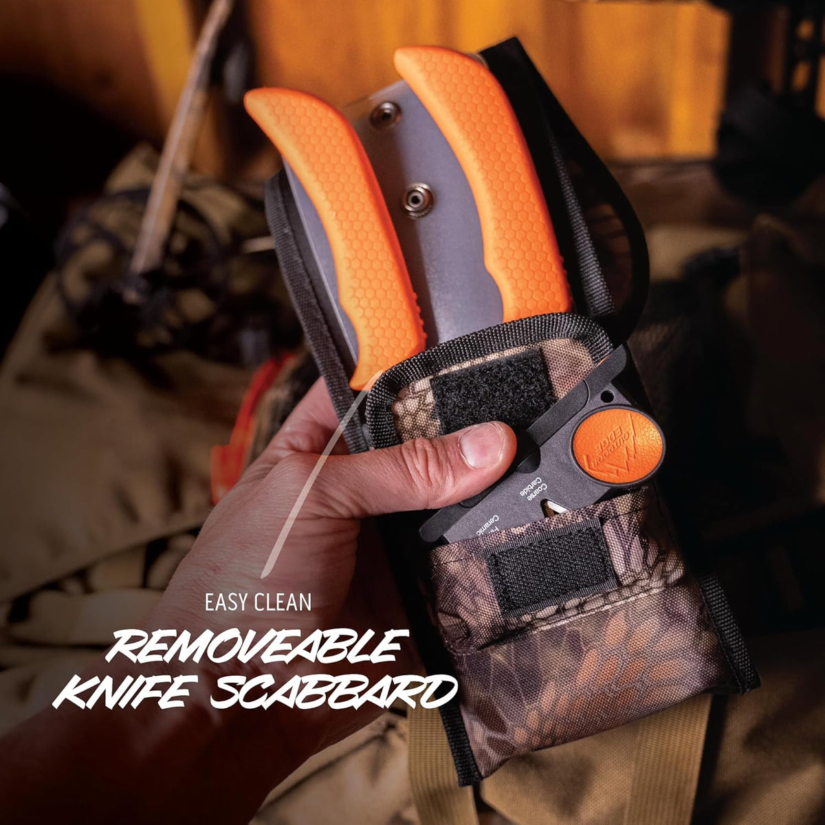 WildBone, 4-Piece Hunting Knife Set, Field Dressing & Game Processing Knives - Gut-Hook Skinning & Boning/Fillet Knife, Carbine/Ceramic Sharpener, Camo Belt Scabbard - Deer & Elk