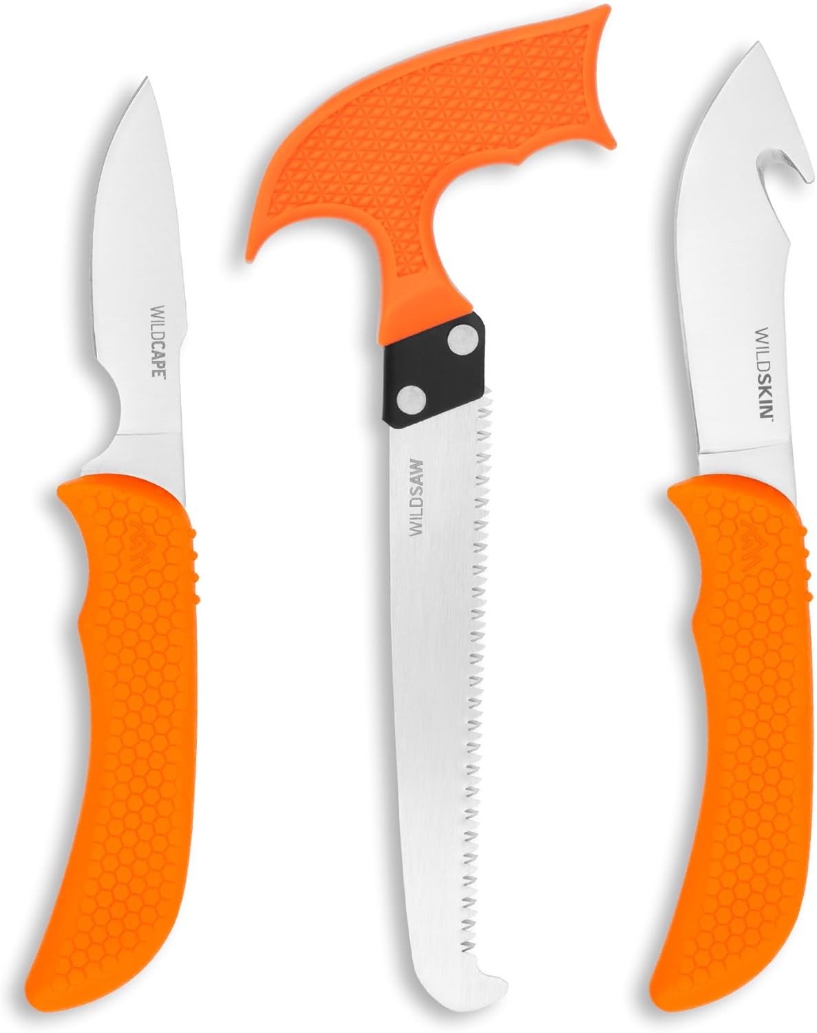 WildBone, 4-Piece Hunting Knife Set, Field Dressing & Game Processing Knives - Gut-Hook Skinning & Boning/Fillet Knife, Carbine/Ceramic Sharpener, Camo Belt Scabbard - Deer & Elk