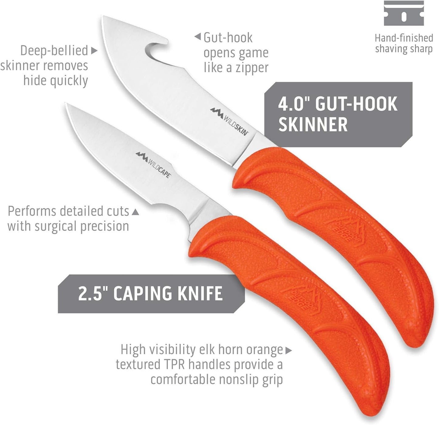 WildBone, 4-Piece Hunting Knife Set, Field Dressing & Game Processing Knives - Gut-Hook Skinning & Boning/Fillet Knife, Carbine/Ceramic Sharpener, Camo Belt Scabbard - Deer & Elk