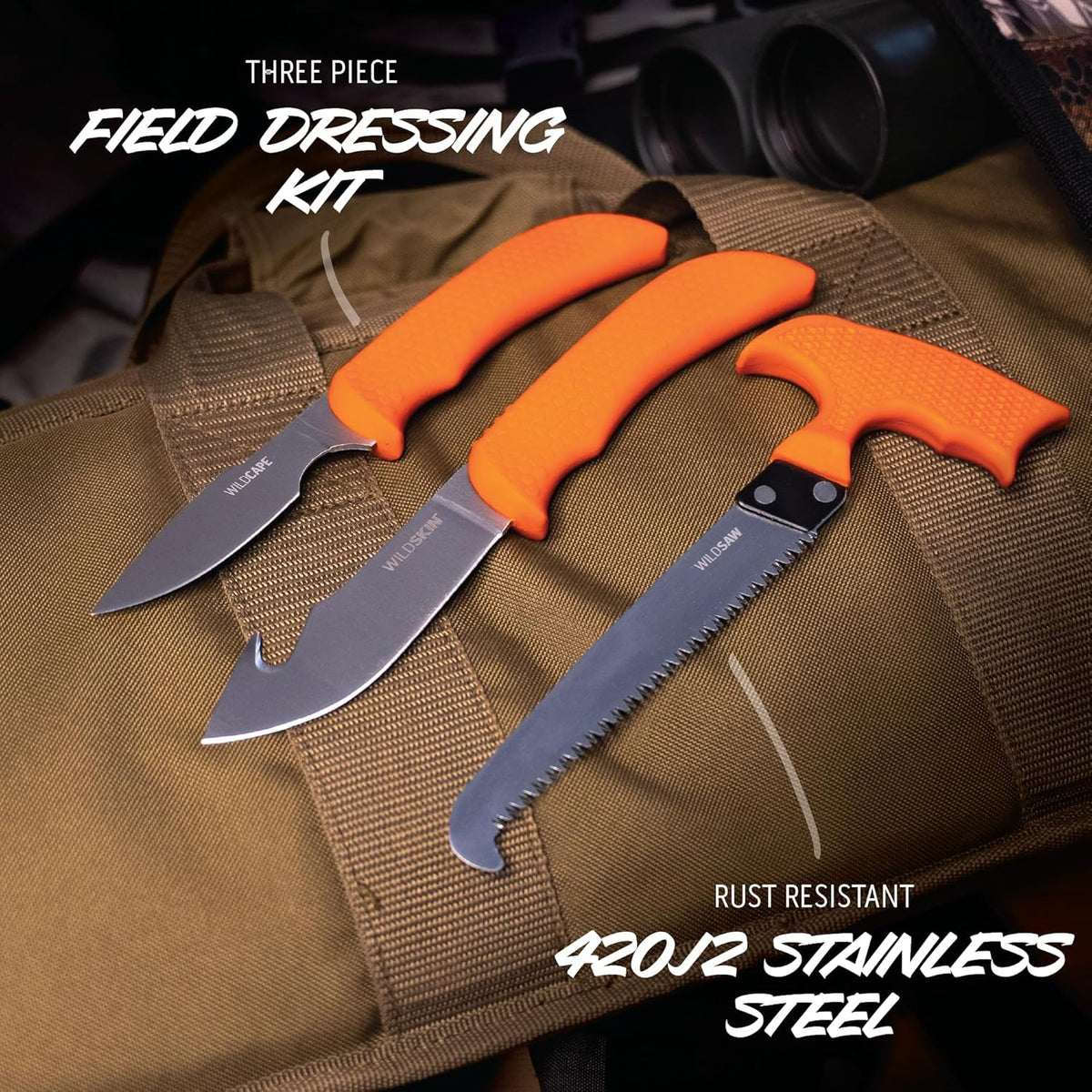 WildBone, 4-Piece Hunting Knife Set, Field Dressing & Game Processing Knives - Gut-Hook Skinning & Boning/Fillet Knife, Carbine/Ceramic Sharpener, Camo Belt Scabbard - Deer & Elk