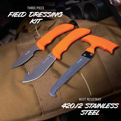 WildBone, 4-Piece Hunting Knife Set, Field Dressing & Game Processing Knives - Gut-Hook Skinning & Boning/Fillet Knife, Carbine/Ceramic Sharpener, Camo Belt Scabbard - Deer & Elk