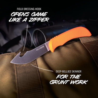 WildBone, 4-Piece Hunting Knife Set, Field Dressing & Game Processing Knives - Gut-Hook Skinning & Boning/Fillet Knife, Carbine/Ceramic Sharpener, Camo Belt Scabbard - Deer & Elk