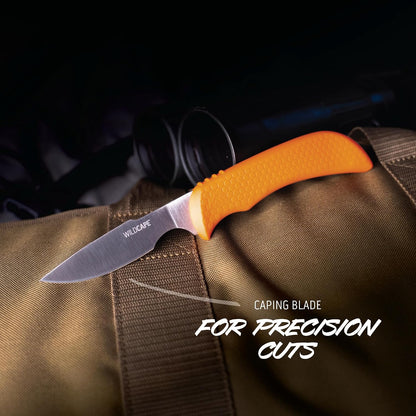 WildBone, 4-Piece Hunting Knife Set, Field Dressing & Game Processing Knives - Gut-Hook Skinning & Boning/Fillet Knife, Carbine/Ceramic Sharpener, Camo Belt Scabbard - Deer & Elk