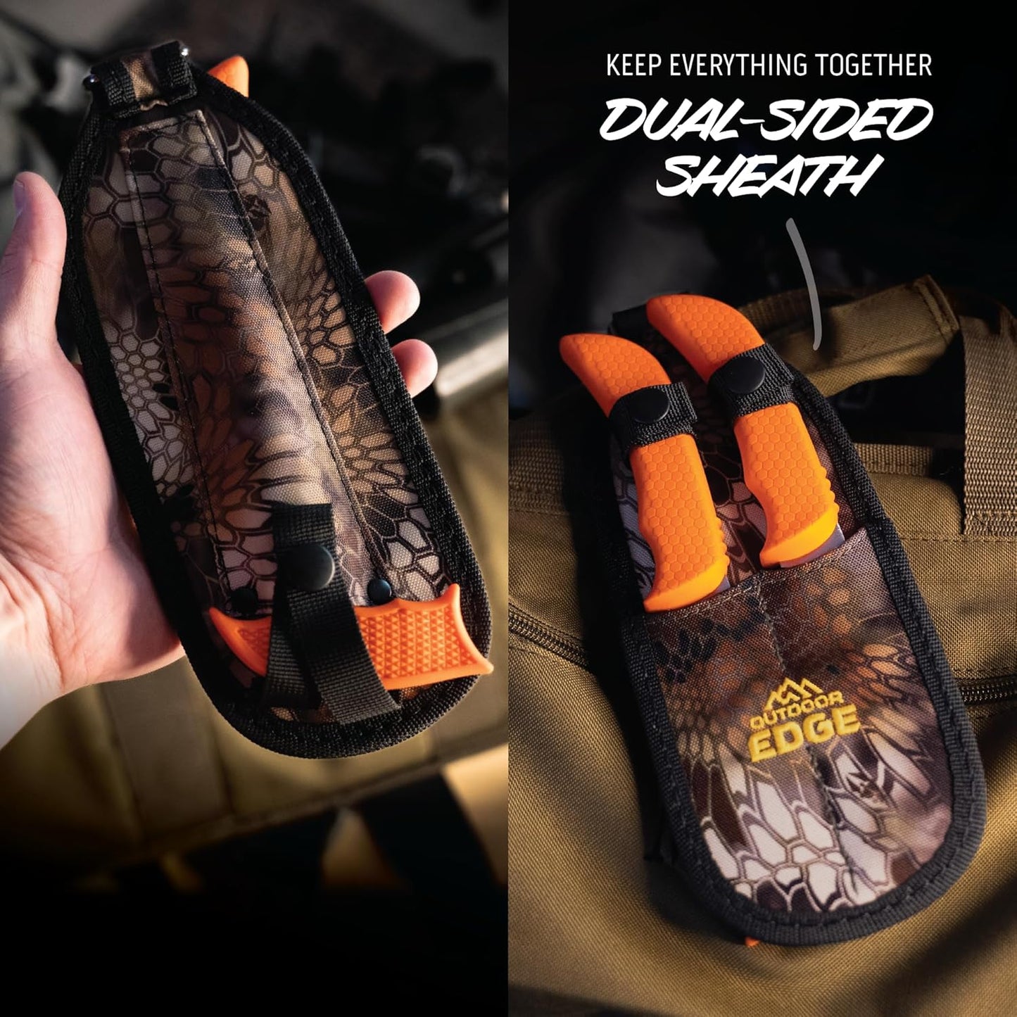 WildBone, 4-Piece Hunting Knife Set, Field Dressing & Game Processing Knives - Gut-Hook Skinning & Boning/Fillet Knife, Carbine/Ceramic Sharpener, Camo Belt Scabbard - Deer & Elk