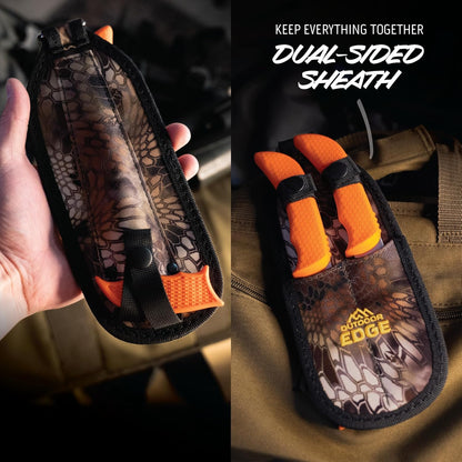 WildBone, 4-Piece Hunting Knife Set, Field Dressing & Game Processing Knives - Gut-Hook Skinning & Boning/Fillet Knife, Carbine/Ceramic Sharpener, Camo Belt Scabbard - Deer & Elk