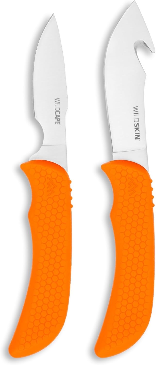 WildBone, 4-Piece Hunting Knife Set, Field Dressing & Game Processing Knives - Gut-Hook Skinning & Boning/Fillet Knife, Carbine/Ceramic Sharpener, Camo Belt Scabbard - Deer & Elk