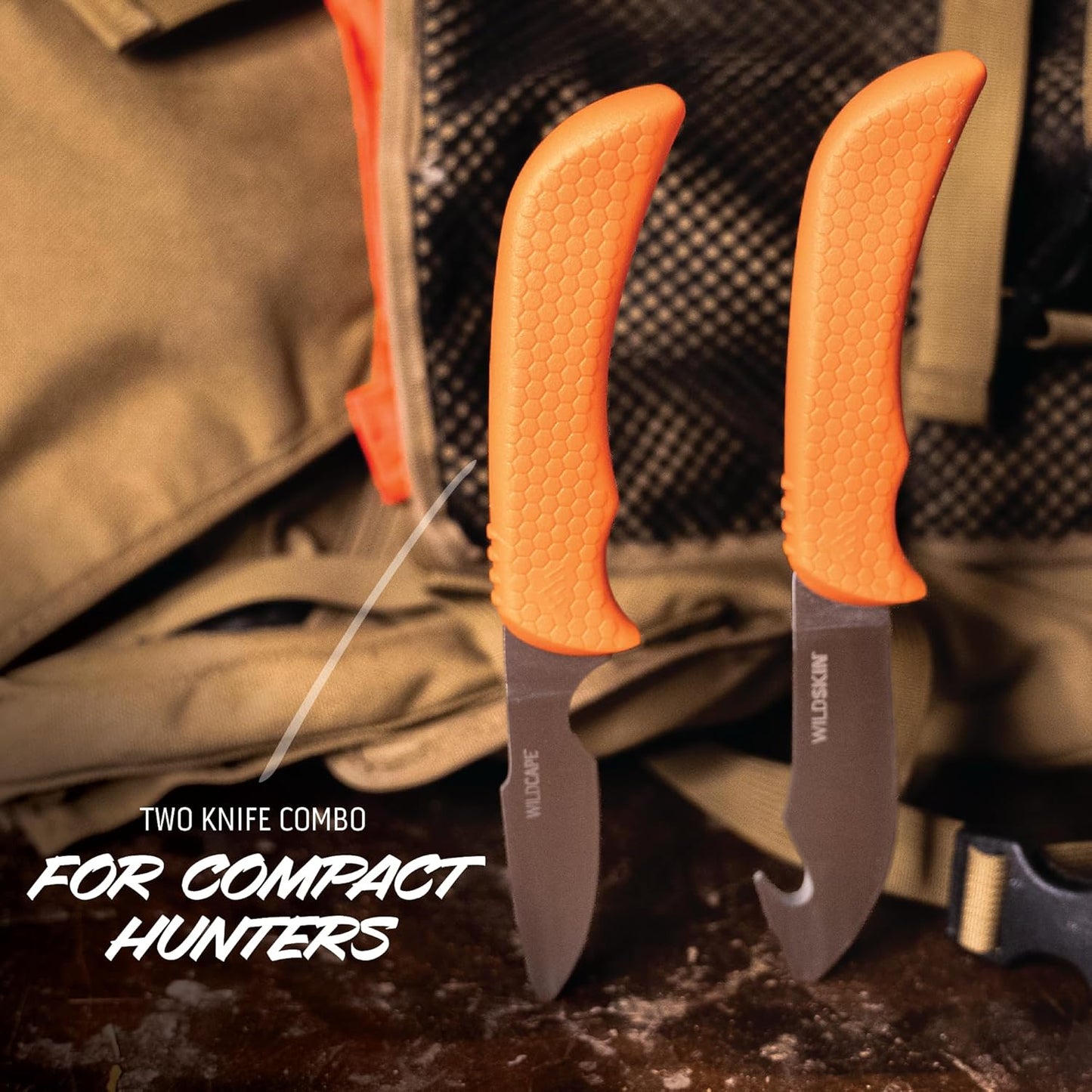 WildBone, 4-Piece Hunting Knife Set, Field Dressing & Game Processing Knives - Gut-Hook Skinning & Boning/Fillet Knife, Carbine/Ceramic Sharpener, Camo Belt Scabbard - Deer & Elk