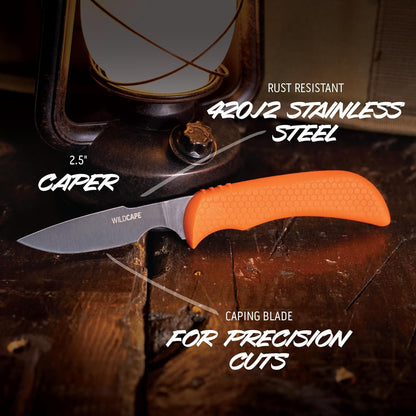 WildBone, 4-Piece Hunting Knife Set, Field Dressing & Game Processing Knives - Gut-Hook Skinning & Boning/Fillet Knife, Carbine/Ceramic Sharpener, Camo Belt Scabbard - Deer & Elk