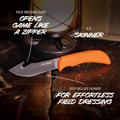 WildBone, 4-Piece Hunting Knife Set, Field Dressing & Game Processing Knives - Gut-Hook Skinning & Boning/Fillet Knife, Carbine/Ceramic Sharpener, Camo Belt Scabbard - Deer & Elk