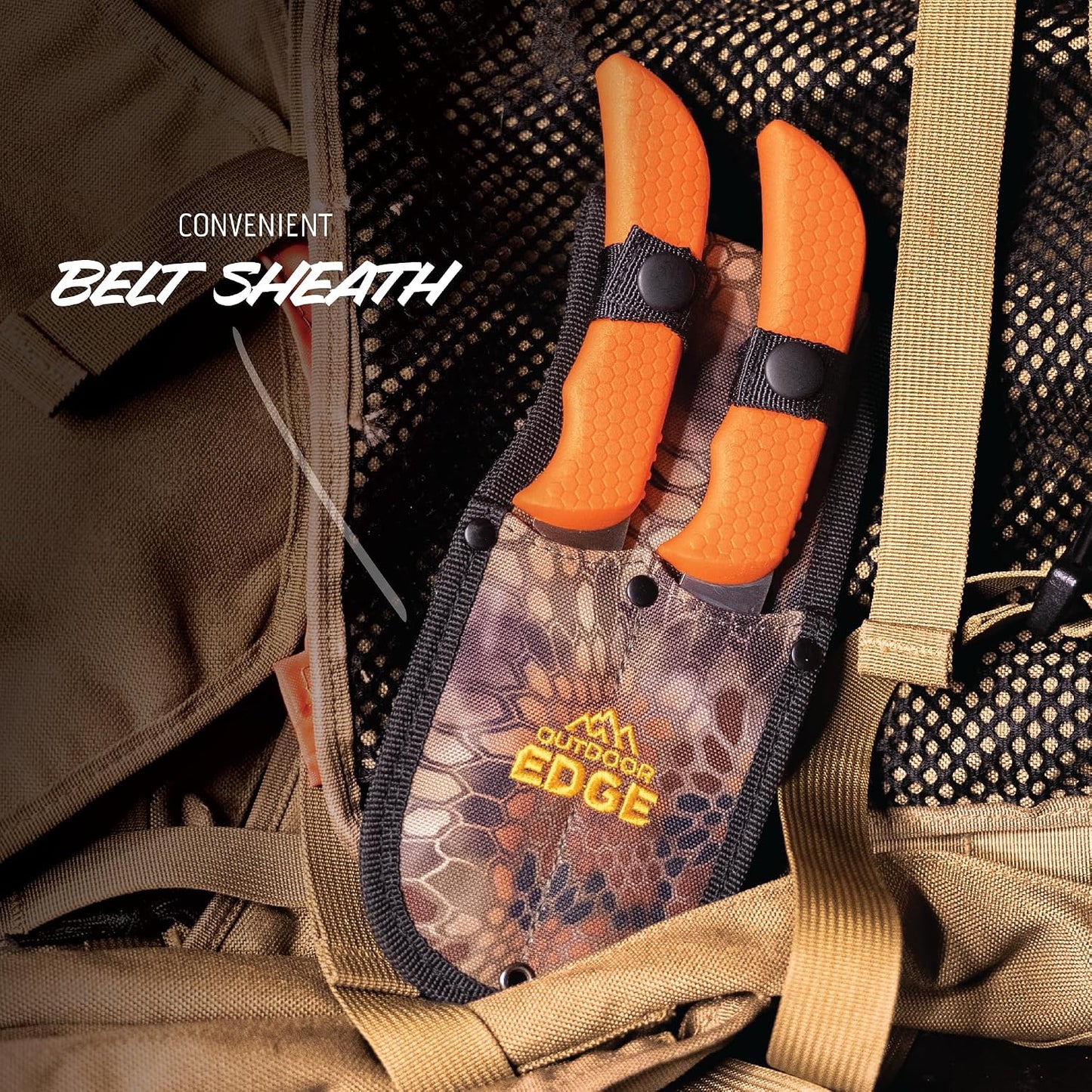 WildBone, 4-Piece Hunting Knife Set, Field Dressing & Game Processing Knives - Gut-Hook Skinning & Boning/Fillet Knife, Carbine/Ceramic Sharpener, Camo Belt Scabbard - Deer & Elk