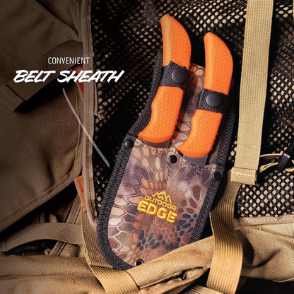 WildBone, 4-Piece Hunting Knife Set, Field Dressing & Game Processing Knives - Gut-Hook Skinning & Boning/Fillet Knife, Carbine/Ceramic Sharpener, Camo Belt Scabbard - Deer & Elk