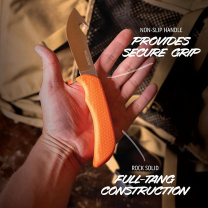 WildBone, 4-Piece Hunting Knife Set, Field Dressing & Game Processing Knives - Gut-Hook Skinning & Boning/Fillet Knife, Carbine/Ceramic Sharpener, Camo Belt Scabbard - Deer & Elk