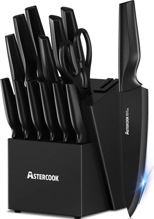 15 Pieces Kitchen Knife Block Set with Sharpener, Black | Built-in Sharpener Block, Dishwasher Safe, German Stainless Steel, Ergonomic Handle, Kitchen Weddings Birthdays Gift