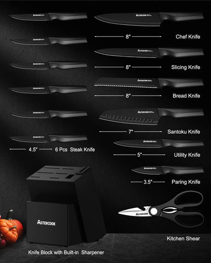 15 Pieces Kitchen Knife Block Set with Sharpener, Black | Built-in Sharpener Block, Dishwasher Safe, German Stainless Steel, Ergonomic Handle, Kitchen Weddings Birthdays Gift