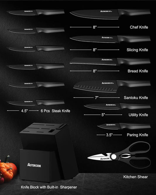 15 Pieces Kitchen Knife Block Set with Sharpener, Black | Built-in Sharpener Block, Dishwasher Safe, German Stainless Steel, Ergonomic Handle, Kitchen Weddings Birthdays Gift