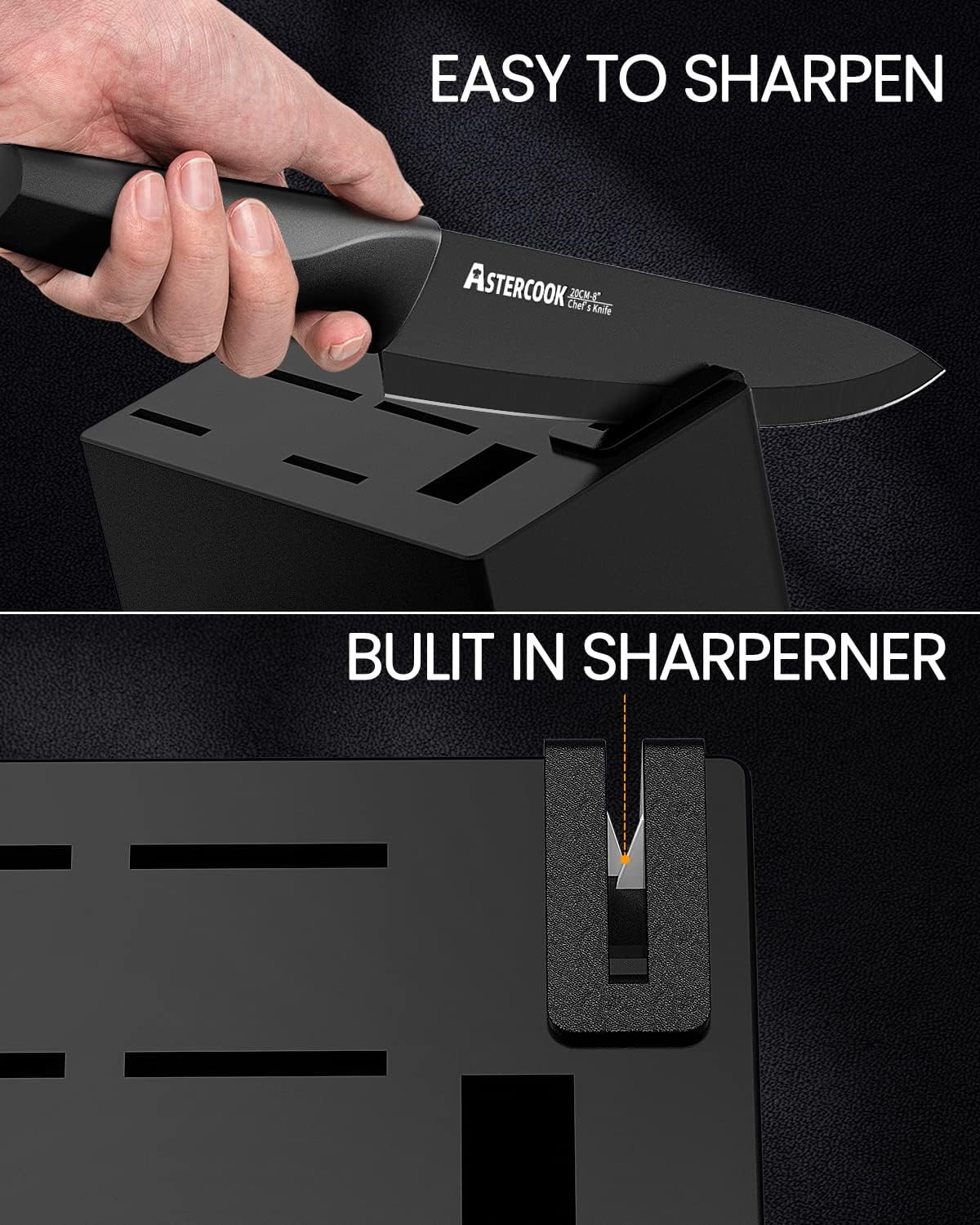 15 Pieces Kitchen Knife Block Set with Sharpener, Black | Built-in Sharpener Block, Dishwasher Safe, German Stainless Steel, Ergonomic Handle, Kitchen Weddings Birthdays Gift