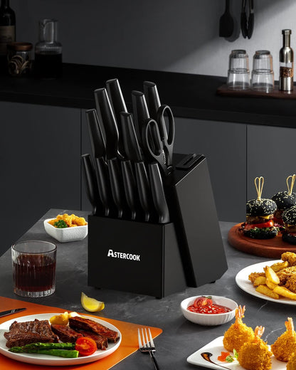 15 Pieces Kitchen Knife Block Set with Sharpener, Black | Built-in Sharpener Block, Dishwasher Safe, German Stainless Steel, Ergonomic Handle, Kitchen Weddings Birthdays Gift