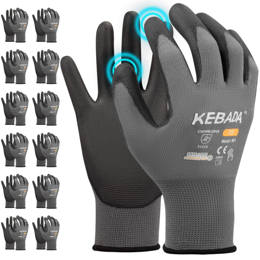 W1 Work Gloves for Men and Women, PU Coated Safety Gloves with Grip, Touchscreen, Ideal for Warehouse Package Handling, Construction, Gardening, 12 Pairs Gray Large
