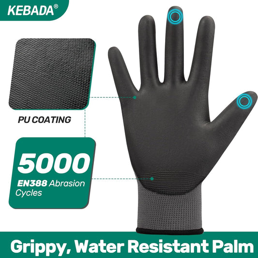 W1 Work Gloves for Men and Women, PU Coated Safety Gloves with Grip, Touchscreen, Ideal for Warehouse Package Handling, Construction, Gardening, 12 Pairs Gray Large