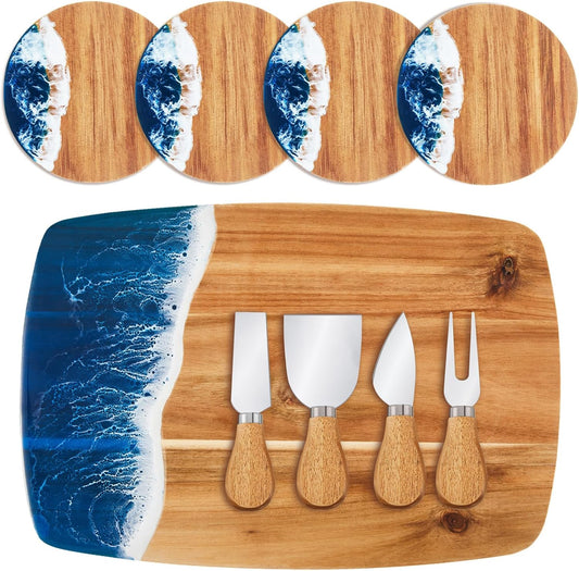 9 Pcs Ocean Resin Cutting Board Set with 4 Cheese Knives and 4 Coasters for Wedding Housewarming Gifts, Blue White Wave Pattern Charcuterie Board Kitchen Meal Prep Serving Versatile Cheese