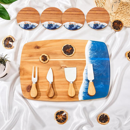 9 Pcs Ocean Resin Cutting Board Set with 4 Cheese Knives and 4 Coasters for Wedding Housewarming Gifts, Blue White Wave Pattern Charcuterie Board Kitchen Meal Prep Serving Versatile Cheese