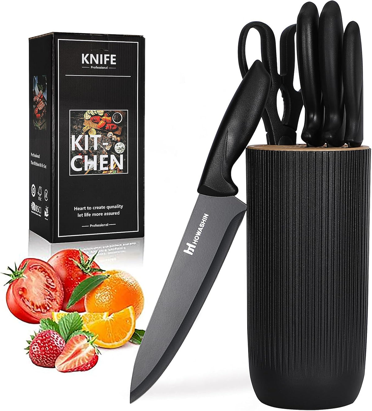 6-Piece Black Kitchen Knife Set with Block - Non-stick Stainless Steel, Anti-Rust Knives for Cooking, Slicing & Baking, Perfect for Home Chefs & Culinary Enthusiasts