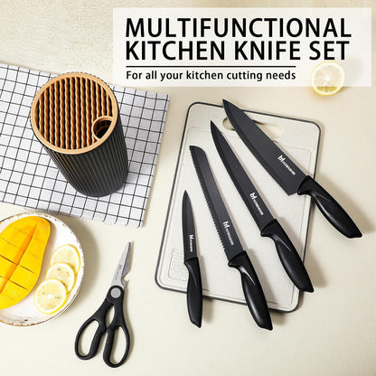 6-Piece Black Kitchen Knife Set with Block - Non-stick Stainless Steel, Anti-Rust Knives for Cooking, Slicing & Baking, Perfect for Home Chefs & Culinary Enthusiasts